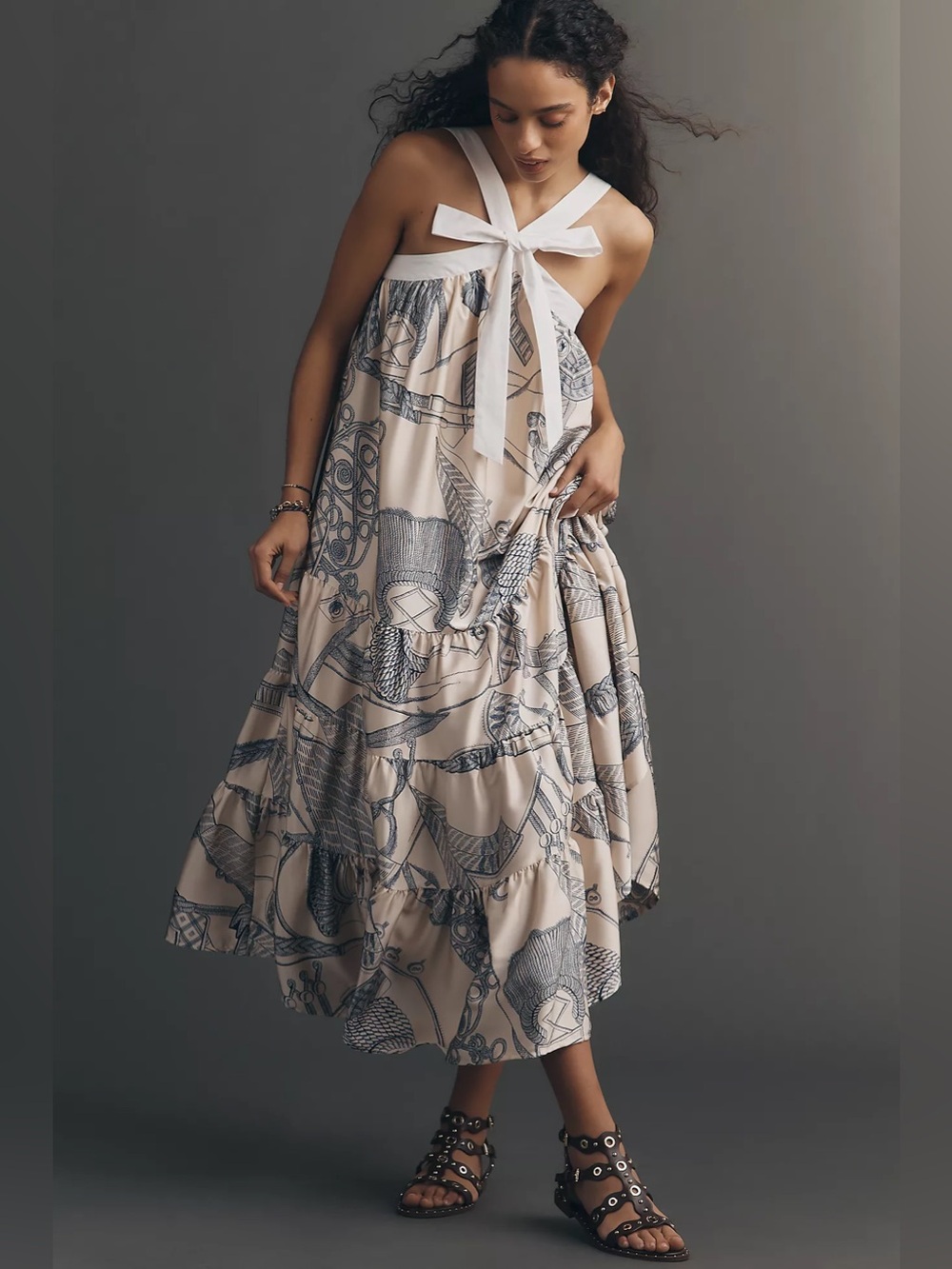 NWT Anthropologie Maude Club Bobbi Halter Bow Midi Dress Rope Print